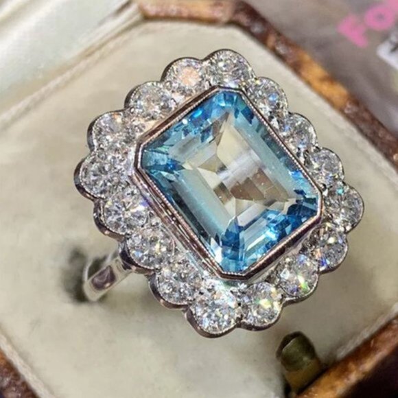NEW Silver Radiant Cut Aquamarine Halo Ring